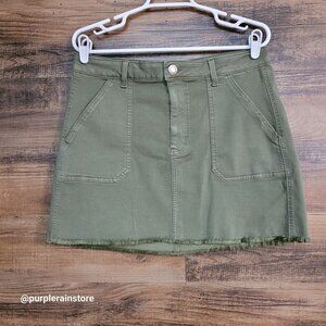 American Eagle Mini Skirt 14 Super Stretch X Button Flap Raw Hem Olive Country